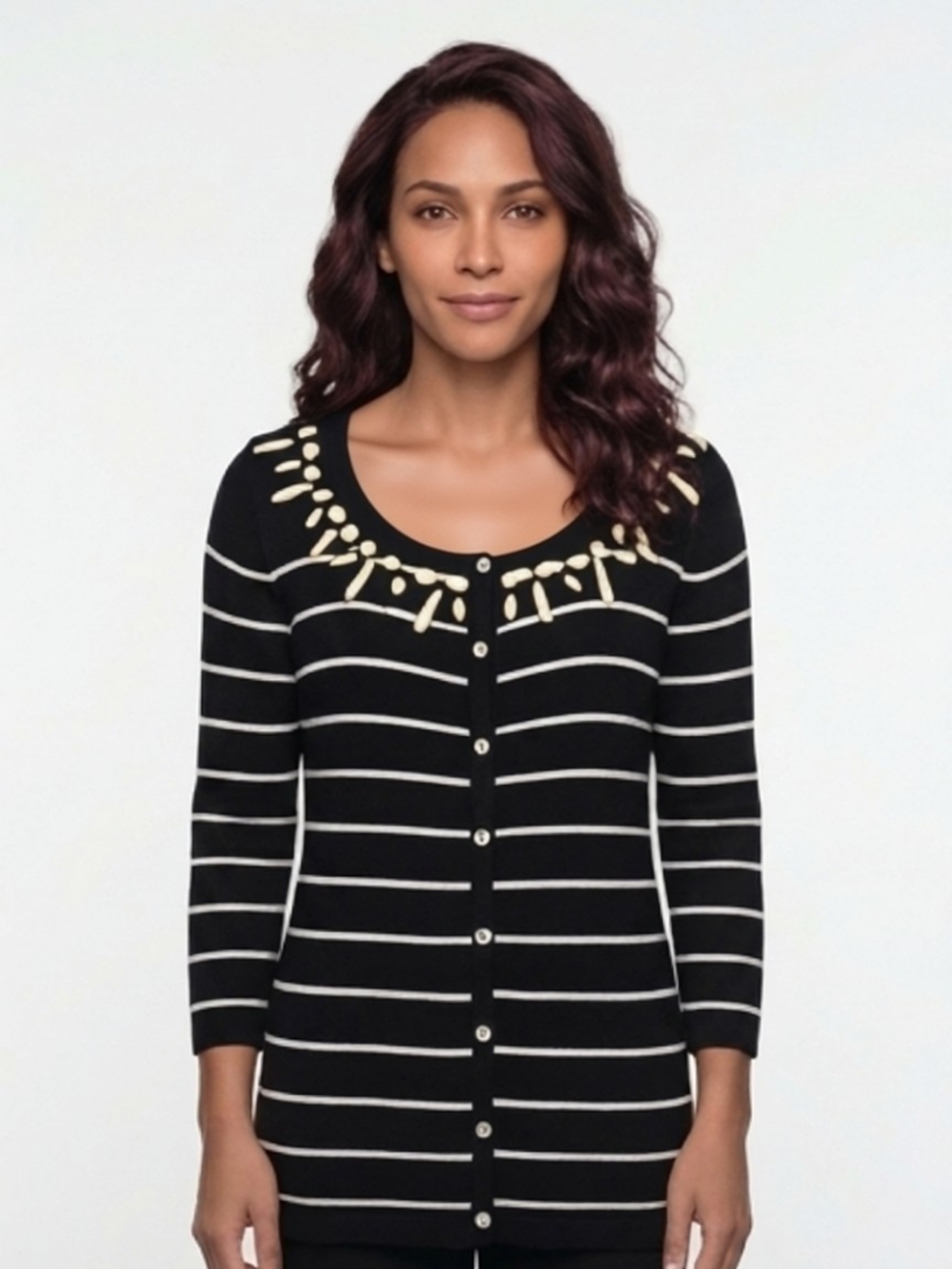 Joseph A NWT Black and Cream Striped Button Down Cardigan Yoke Detail Size Med